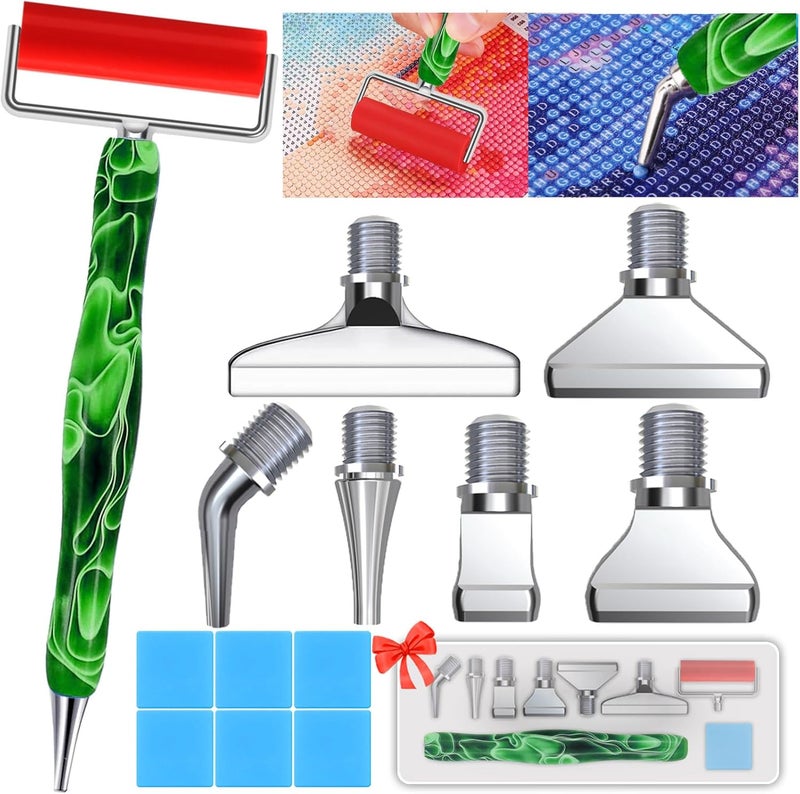 Heyseri 14PCS Diamond Painting Pen Accessories Tools Set, Exquisite Stainless Steel Metal Pen Tips,Ergonomic Diamond Art Pen and 6 Painting Glue Clay,Comfort Grip and Faster Drilling (Green Silver) - Image 1